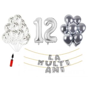 Set baloane La Multi Ani 12 ani, Baloane Latex, Baloane Folie, Baloane Confetti, Pompa 12 set la multi ani argintiu silver aniversare 12 ani