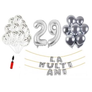 Set baloane La Multi Ani 29 ani, Baloane Latex, Baloane Folie, Baloane Confetti, Pompa 12 set la multi ani argintiu silver aniversare 29 ani