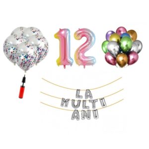Set baloane La Multi Ani 12 ani, Baloane Latex, Baloane Folie, Baloane Confetti, Pompa 13 set la multi ani curcubeu aniversare 12 ani