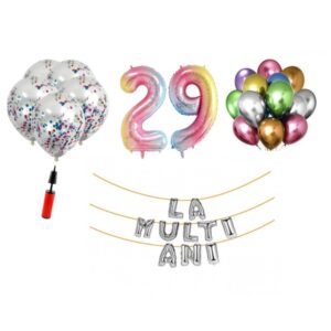 Set baloane La Multi Ani 29 ani, Baloane Latex, Baloane Folie, Baloane Confetti, Pompa 13 set la multi ani curcubeu aniversare 29 ani