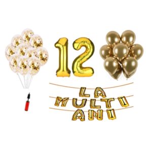 Set baloane La Multi Ani 12 ani, Baloane Latex, Baloane Folie, Baloane Confetti, Pompa 14 set la multi ani gold auriu aniversare 12 ani