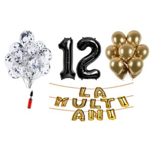 Set baloane La Multi Ani 12 ani, Baloane Latex, Baloane Folie, Baloane Confetti, Pompa 15 set la multi ani negru aniversare 12 ani
