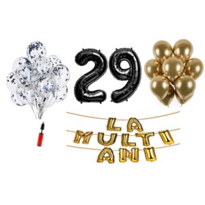 Set baloane La Multi Ani 29 ani, Baloane Latex, Baloane Folie, Baloane Confetti, Pompa 15 set la multi ani negru aniversare 29 ani