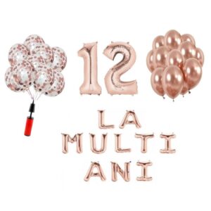 Set baloane La Multi Ani 12 ani, Baloane Latex, Baloane Folie, Baloane Confetti, Pompa 16 set la multi ani rose gold aniversare 12 ani