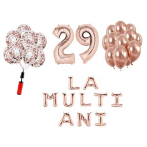 Set baloane La Multi Ani 29 ani, Baloane Latex, Baloane Folie, Baloane Confetti, Pompa 16 set la multi ani rose gold aniversare 29 ani