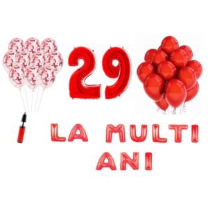 Set baloane La Multi Ani 29 ani, Baloane Latex, Baloane Folie, Baloane Confetti, Pompa 17 set la multi ani rosu aniversare 29 ani