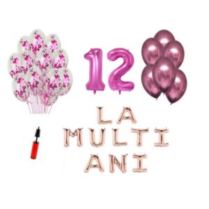 Set baloane La Multi Ani 12 ani, Baloane Latex, Baloane Folie, Baloane Confetti, Pompa 17 set la multi ani roz aniversare 12 ani
