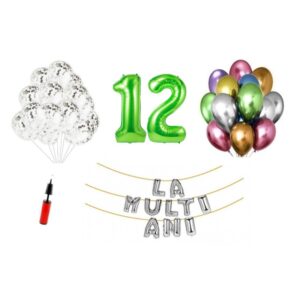 Set baloane La Multi Ani 12 ani, Baloane Latex, Baloane Folie, Baloane Confetti, Pompa 18 set la multi ani verde aniversare 12 ani