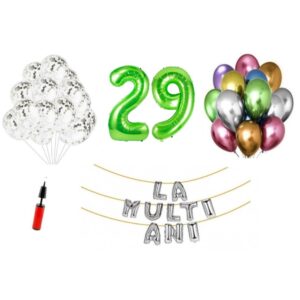 Set baloane La Multi Ani 29 ani, Baloane Latex, Baloane Folie, Baloane Confetti, Pompa 18 set la multi ani verde aniversare 29 ani
